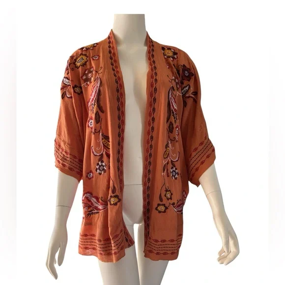 Orange Floral Women's Kimono Jacket - Picture 3 of 8